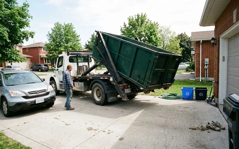 A roll-off dumpster bin being delivered on a flatbed truck to a residential property