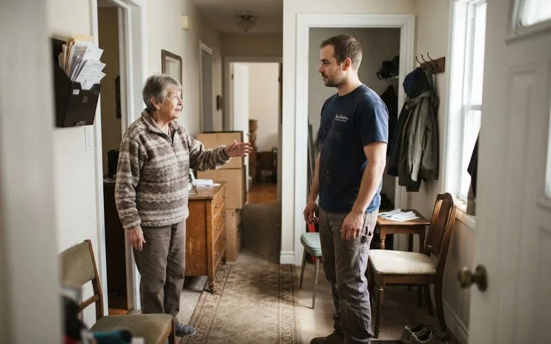 A junk removal crew member speaking patiently with an older adult during a home visit