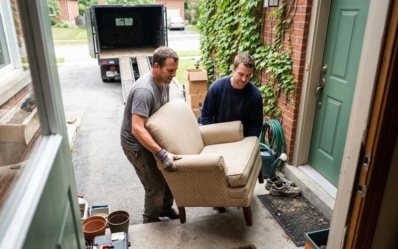 A two-person junk removal crew carrying a sofa out of a home to a waiting truck