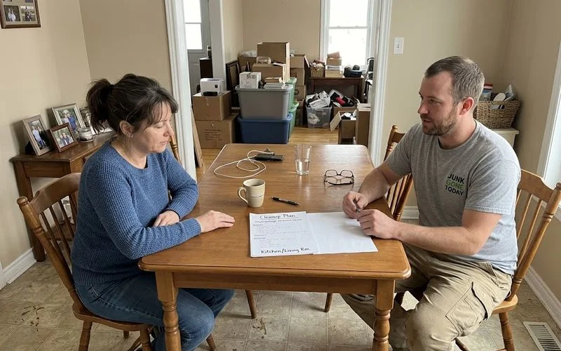 A family member and a professional cleanup crew member reviewing a room together before starting a hoarding cleanout
