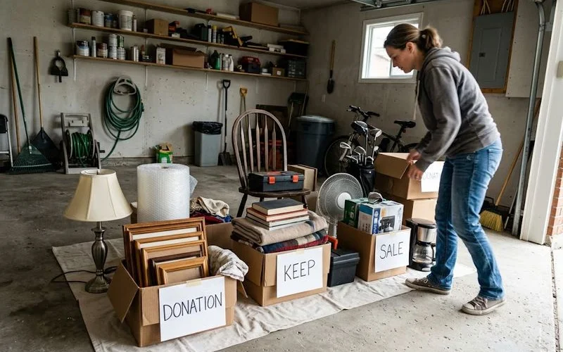 A dresser and small appliances in good condition set aside separately from general junk for donation