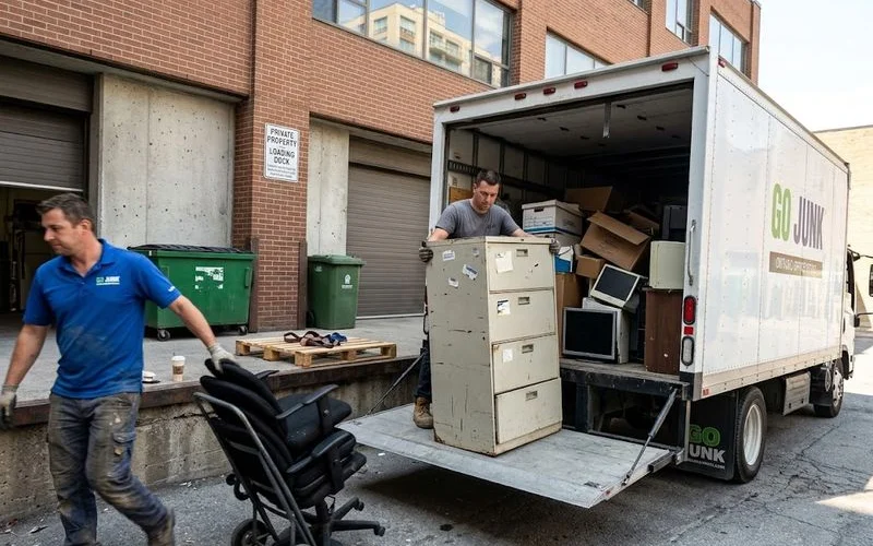 A commercial cleanout crew removing office furniture and filing cabinets from a business through a loading dock