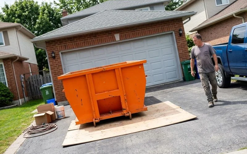 A roll-off dumpster bin sitting in a residential driveway during a home renovation project in Ontario