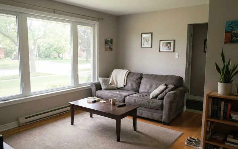 An empty, staged living room after furniture and clutter have been cleared ahead of a home sale